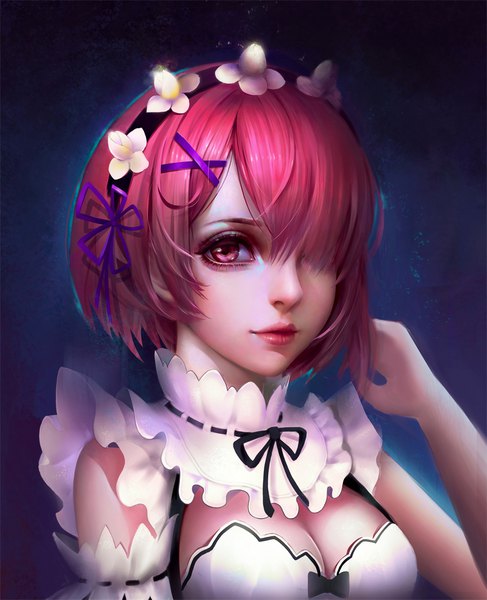 Anime picture 899x1106 with re:zero kara hajimeru isekai seikatsu white fox ram (re:zero) mcaster single tall image looking at viewer fringe short hair red eyes red hair lips hair over one eye realistic maid girl dress uniform flower (flowers) detached sleeves