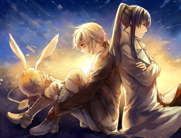Anime picture 1200x913 with d.gray-man allen walker kanda yuu timcanpy pananada long hair sitting yellow eyes blue hair sky silver hair cloud (clouds) white hair ponytail profile sunlight multiple boys looking down scar crossed arms