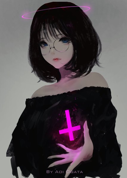 Anime picture 1122x1575 with original aoi ogata single tall image looking at viewer fringe short hair blue eyes black hair simple background bare shoulders signed upper body off shoulder grey background lipstick red lipstick girl glasses halo