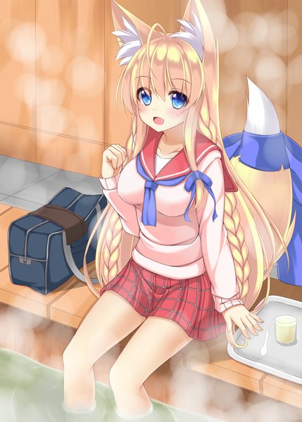 Anime picture 1286x1800 with original sogaya single long hair tall image blush fringe breasts open mouth blue eyes blonde hair smile hair between eyes sitting animal ears ahoge bent knee (knees) tail braid (braids) long sleeves