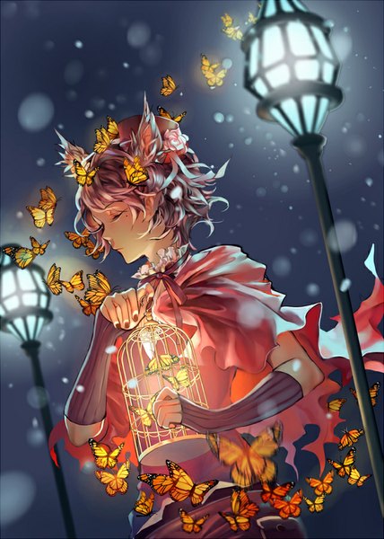 Anime picture 642x900 with original iya-chen single tall image short hair holding animal ears purple hair eyes closed wind night mole night sky mole under eye torn clothes light snowing butterfly on hand girl ribbon (ribbons)