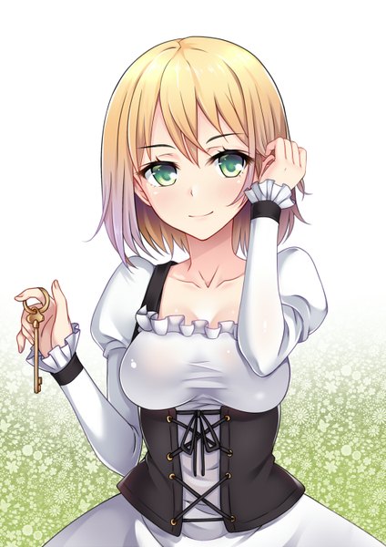 Anime picture 1060x1500 with original brora single tall image looking at viewer short hair blonde hair smile white background holding green eyes cleavage upper body adjusting hair underbust girl dress frills white dress corset