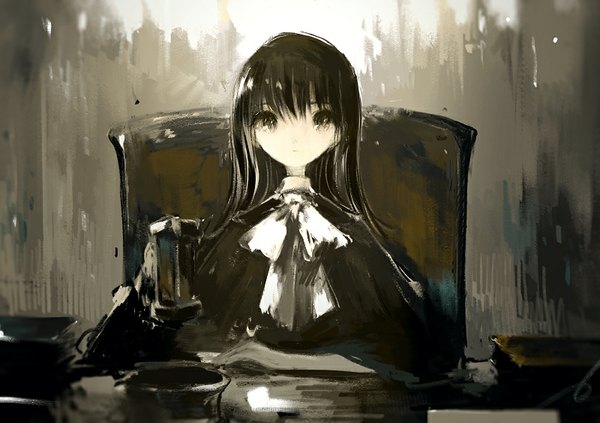 Anime picture 800x564 with original asahiro single long hair looking at viewer fringe black hair sitting black eyes girl bow ribbon (ribbons) book (books) cloak table armchair