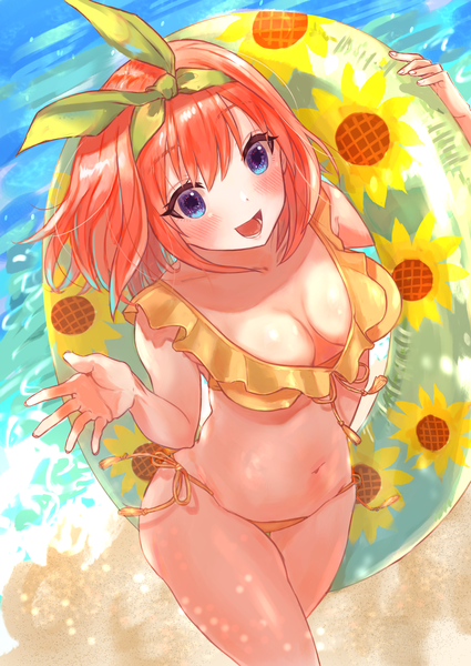Anime picture 1000x1412 with go-toubun no hanayome nakano yotsuba aibon single tall image blush short hair breasts open mouth blue eyes light erotic looking away :d from above orange hair beach floral print girl ribbon (ribbons) swimsuit
