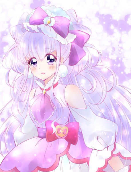 Anime picture 1523x2000 with precure hugtto! precure toei animation ruru amour cure amour chiika (cure cherish) single long hair tall image looking at viewer blush fringe open mouth simple background smile hair between eyes standing purple eyes payot purple hair