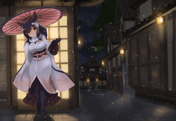 Anime picture 3937x2713 with azur lane atago (azur lane) atago (features of winter) (azur lane) redundant-cat single long hair looking at viewer blush fringe highres breasts black hair large breasts standing brown eyes animal ears absurdres full body outdoors traditional clothes