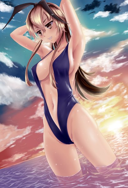 Anime picture 1022x1500 with kantai collection shimakaze destroyer drawfag single long hair tall image breasts open mouth light erotic smile brown hair brown eyes arms up armpit (armpits) wet dutch angle erect nipples grin sideboob partially submerged