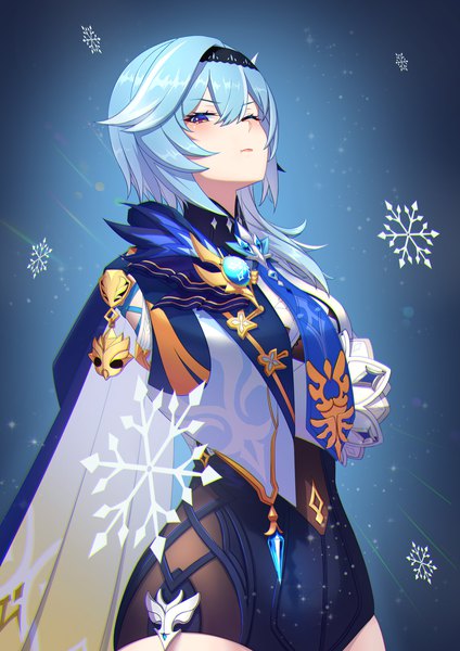 Anime picture 2480x3508 with genshin impact eula lawrence dd che shen single tall image looking at viewer fringe highres short hair hair between eyes yellow eyes blue hair upper body blue background crossed arms girl cape snowflake (snowflakes) vision (genshin impact)