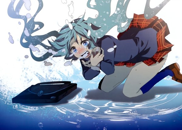 Anime picture 2942x2100 with vocaloid hatsune miku mariya single long hair highres open mouth blue eyes twintails blue hair pleated skirt underwater girl thighhighs uniform school uniform water bubble (bubbles) school bag