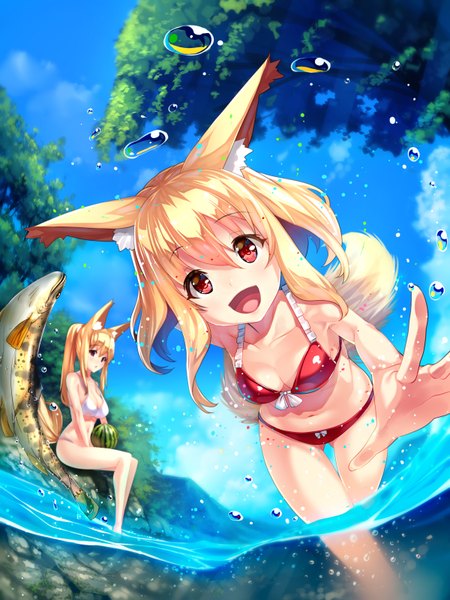 Anime picture 1200x1600 with original yuuji (yukimimi) long hair tall image breasts open mouth light erotic blonde hair red eyes sitting bare shoulders multiple girls animal ears looking away sky outdoors ponytail tail animal tail bare belly