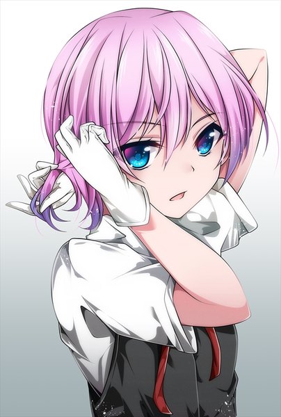 Anime picture 568x842 with kantai collection shiranui destroyer hikobae single tall image looking at viewer fringe short hair open mouth blue eyes hair between eyes pink hair upper body multicolored hair arms up short sleeves gradient background adjusting hair gradient hair tying hair