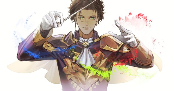 Anime picture 2048x1074 with fire emblem fire emblem: three houses fire emblem warriors: three hopes nintendo claude von riegan zhihaiwusheng single looking at viewer highres short hair simple background smile brown hair wide image white background holding green eyes upper body parted lips arms up