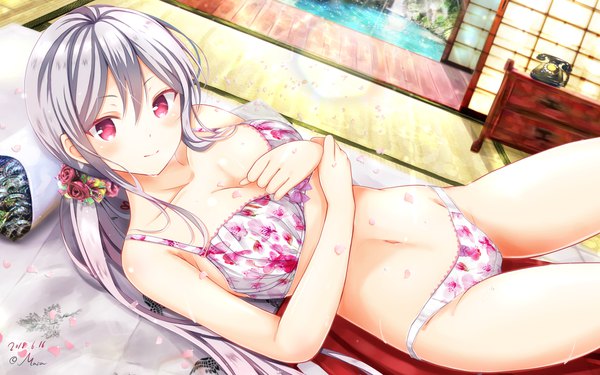 Anime picture 1920x1200 with girlfriend (kari) shigeto akiho masa (mirage77) single long hair looking at viewer blush fringe highres breasts light erotic smile hair between eyes large breasts bare shoulders signed payot silver hair indoors lying