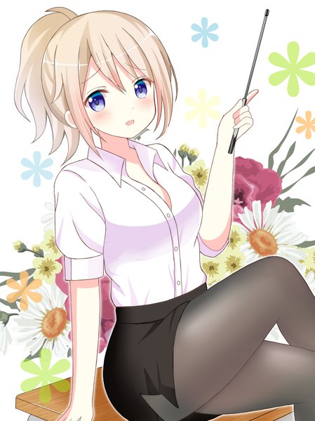 Anime-Bild 1220x1630 mit gochuumon wa usagi desu ka? white fox aoyama blue mountain ryoutan single tall image looking at viewer blush fringe short hair breasts open mouth blonde hair hair between eyes sitting purple eyes holding ponytail :d arm support