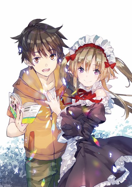 Anime picture 1357x1920 with outbreak company feel (studio) myucel foalan kanou shinichi yuugen long hair tall image looking at viewer fringe short hair open mouth simple background smile hair between eyes brown hair standing white background twintails purple eyes holding