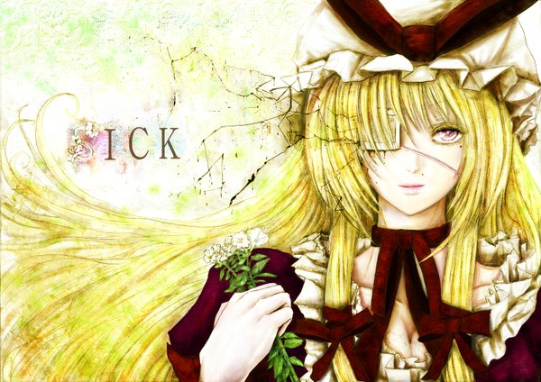 Anime picture 1754x1240 with touhou yakumo yukari namonaiteidono single long hair highres blonde hair red eyes girl dress flower (flowers) ribbon (ribbons) eyepatch bonnet