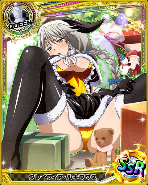 Anime picture 640x800 with highschool dxd grayfia lucifuge single long hair tall image looking at viewer blush breasts light erotic large breasts braid (braids) grey hair grey eyes fur trim christmas card (medium) girl thighhighs gloves underwear