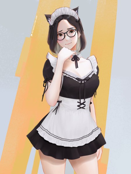Anime picture 2700x3600 with original jubi (regiana) single tall image looking at viewer highres short hair breasts black hair simple background smile signed animal ears multicolored hair black eyes cat ears mole short sleeves maid puffy sleeves