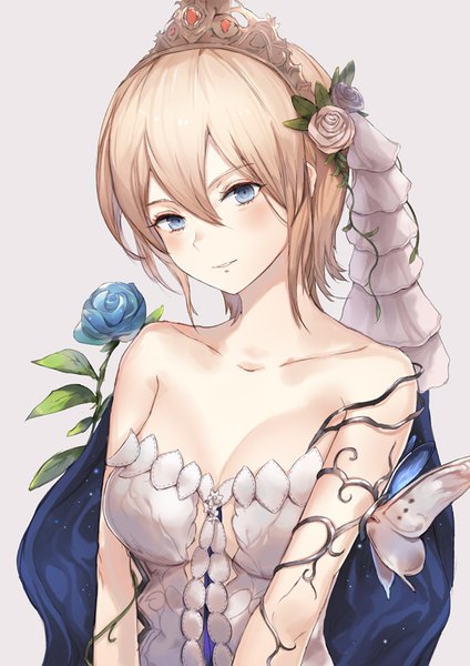 Anime picture 579x819 with granblue fantasy europa (granblue fantasy) kachi single tall image looking at viewer blush fringe short hair breasts blue eyes simple background blonde hair smile hair between eyes bare shoulders cleavage parted lips head tilt grey background