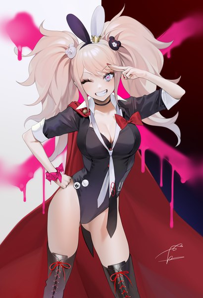 Anime picture 2000x2929 with dangan ronpa enoshima junko ohisashiburi single long hair tall image looking at viewer blush fringe highres breasts blue eyes light erotic blonde hair smile large breasts standing twintails signed animal ears