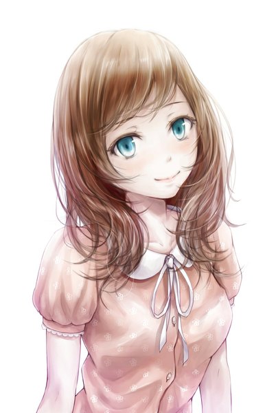 Anime picture 676x1000 with original nuwanko single long hair tall image looking at viewer blush blue eyes simple background smile brown hair white background girl dress
