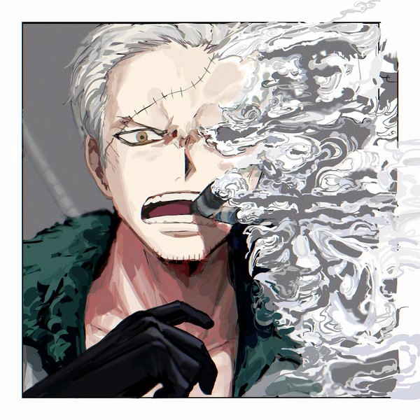 Anime picture 1773x1773 with one piece toei animation smoker (one piece) yadu nadu single looking at viewer highres short hair open mouth brown eyes silver hair upper body teeth border scar smoke boy gloves black gloves cigar