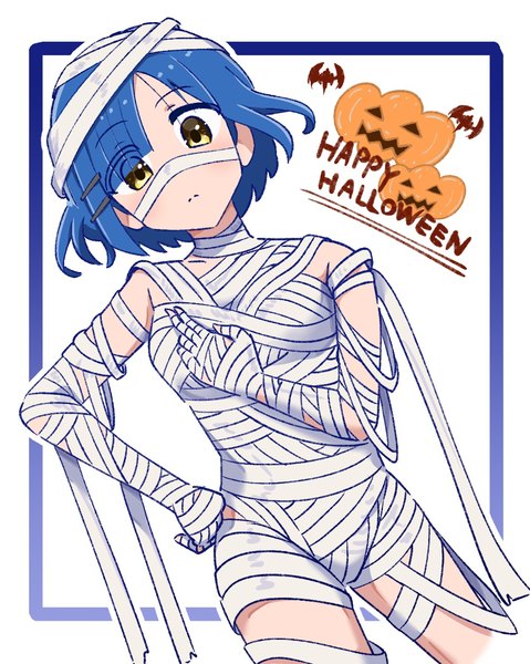 Anime picture 1005x1259 with bocchi the rock! cloverworks yamada ryou illustratorhide single tall image looking at viewer fringe short hair light erotic simple background white background yellow eyes blue hair hair over one eye hand on hip text halloween english framed