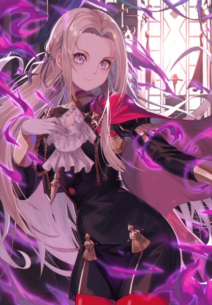 Anime picture 1748x2515 with fire emblem fire emblem: three houses nintendo edelgard von hresvelg yami no teyon single long hair tall image looking at viewer fringe highres smile standing purple eyes payot white hair indoors long sleeves floating hair aura
