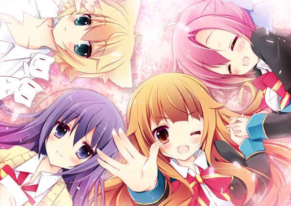 Anime picture 1500x1062 with gj-bu doga kobo amatsuka mao sumeragi shion amatsuka megumi (gj-bu) kirara bernstein nanamomo rio long hair blush short hair open mouth blonde hair red eyes purple eyes multiple girls pink hair purple hair eyes closed one eye closed wink