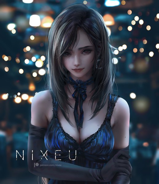 Anime picture 1100x1274 with final fantasy final fantasy vii square enix tifa lockhart nixeu single long hair tall image looking at viewer fringe breasts light erotic black hair red eyes standing bare shoulders signed upper body lips blurry
