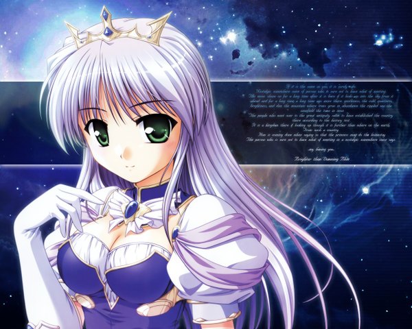 Anime picture 1280x1024 with yoake mae yori ruri iro na august soft feena fam earthlight single long hair looking at viewer fringe breasts simple background smile green eyes cleavage purple hair short sleeves wallpaper puffy sleeves girl dress gloves elbow gloves