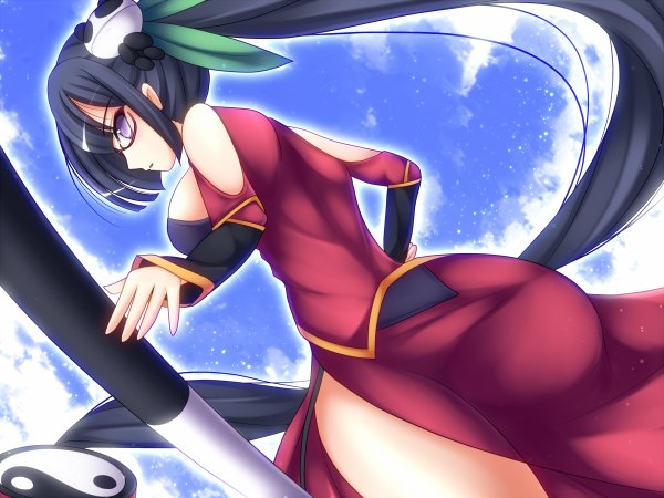 Anime picture 1200x900 with blazblue litchi faye ling mikan (5555) single long hair light erotic black hair purple eyes ponytail looking back chinese clothes girl glasses chinese dress