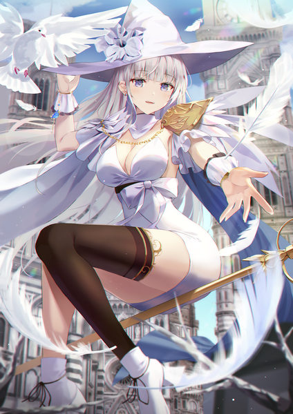 Anime picture 2480x3508 with original hyonee single long hair tall image looking at viewer blush fringe highres breasts open mouth blue eyes smile large breasts sitting sky cleavage silver hair bent knee (knees) outdoors