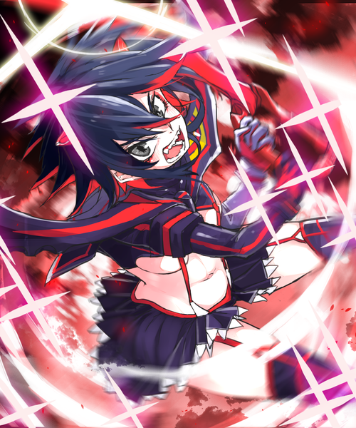 Anime picture 1334x1600 with kill la kill studio trigger matoi ryuuko kumonji aruto single tall image looking at viewer blush short hair breasts open mouth light erotic black hair red hair multicolored hair two-tone hair teeth grey eyes streaked hair underboob