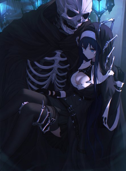 Anime picture 2200x2977 with original xeonomi long hair tall image looking at viewer fringe highres breasts blue eyes light erotic hair between eyes payot blue hair cleavage pleated skirt wide sleeves symbol-shaped pupils cleavage cutout skeleton carrying