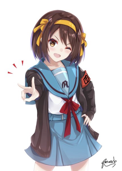 Anime picture 1124x1574 with suzumiya haruhi no yuutsu kyoto animation suzumiya haruhi bee doushi single tall image looking at viewer blush fringe short hair open mouth simple background brown hair standing white background brown eyes signed one eye closed wink hand on hip