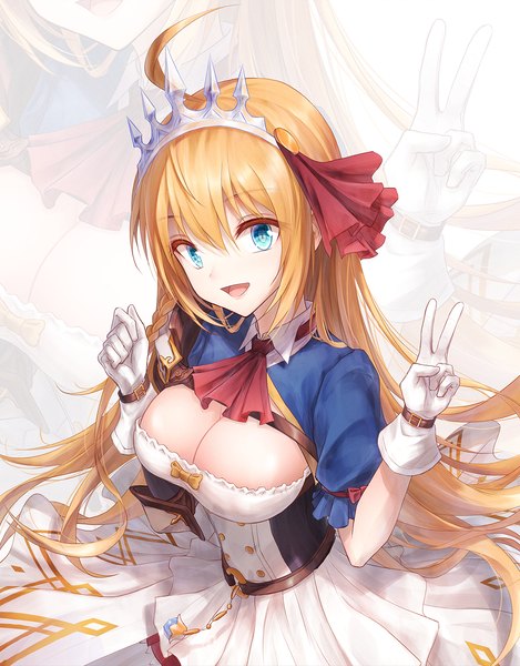 Anime picture 1240x1586 with princess connect! re:dive princess connect! pecorine (princess connect!) bae.c single long hair tall image looking at viewer fringe breasts open mouth blue eyes light erotic simple background blonde hair smile hair between eyes large breasts standing payot