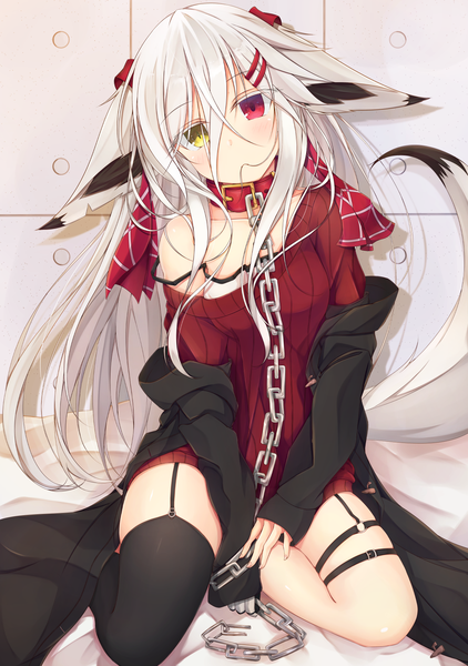 Anime picture 1384x1966 with original moai21 single long hair tall image looking at viewer blush fringe breasts hair between eyes red eyes sitting animal ears yellow eyes white hair tail head tilt animal tail off shoulder open clothes