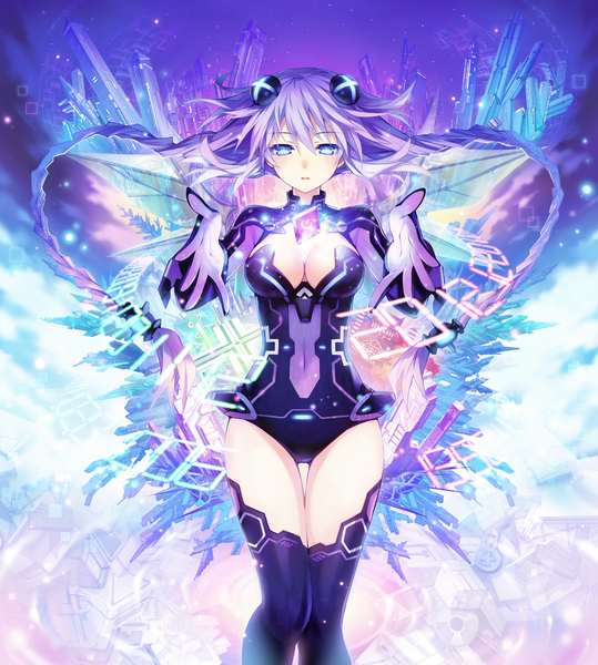 Anime picture 1280x1424 with choujigen game neptune kami jigen game neptune v neptune (choujigen game neptune) purple heart tsunako single tall image blush fringe breasts open mouth blue eyes light erotic standing sky cleavage purple hair cloud (clouds) braid (braids) very long hair