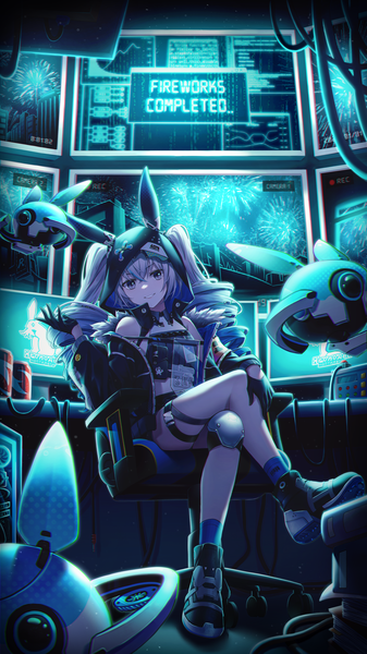 Anime picture 1944x3456 with honkai impact 3rd honkai (series) bronya zaychik bronya zaychik (haxxor bunny) star-ring single long hair tall image looking at viewer fringe highres hair between eyes sitting twintails bare shoulders animal ears silver hair full body indoors parted lips