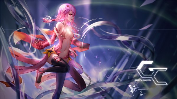 Anime picture 1600x899 with guilty crown production i.g yuzuriha inori wangchuan de quanyan single long hair looking at viewer breasts light erotic red eyes wide image twintails pink hair watermark logo girl gloves navel hair ornament detached sleeves