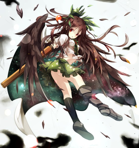 Anime picture 1407x1500 with touhou reiuji utsuho gorilla (bun0615) single long hair tall image red eyes brown hair white background looking back bare belly flying black wings starry sky print space print girl navel bow weapon hair bow