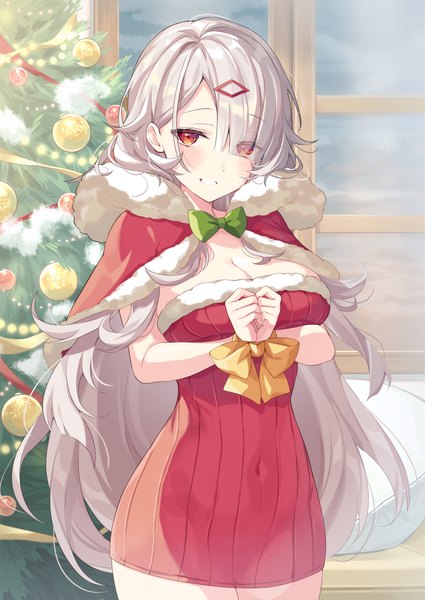 Anime picture 1062x1500 with original ringozaka mariko single long hair tall image looking at viewer blush fringe breasts light erotic smile red eyes large breasts standing cleavage silver hair hair over one eye grin covered navel christmas