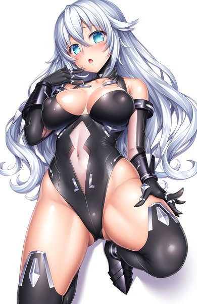Anime picture 2295x3533 with choujigen game neptune black heart lambda (kusowarota) single long hair tall image looking at viewer blush fringe highres breasts blue eyes light erotic simple background hair between eyes large breasts white background bare shoulders cleavage silver hair
