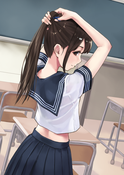 Anime picture 1003x1417 with original ashiya hiro single long hair tall image looking at viewer blush smile brown hair standing brown eyes payot ponytail indoors head tilt profile pleated skirt looking back arms up short sleeves