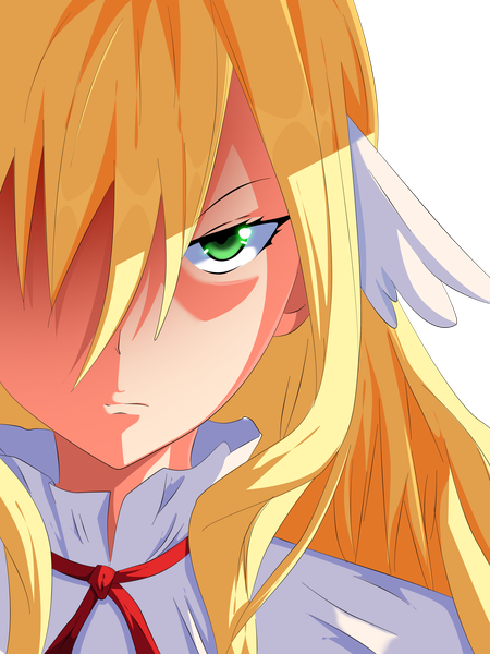 Anime picture 3375x4500 with fairy tail mavis vermillion getaxy single long hair tall image fringe highres blonde hair green eyes absurdres hair over one eye loli coloring close-up transparent background face head wings angry girl