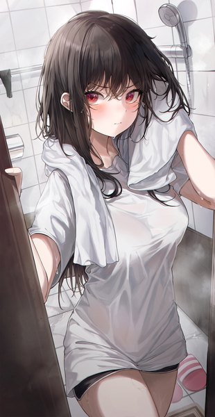 Anime picture 1500x2901 with original 2gong (9ujin ) single long hair tall image looking at viewer blush fringe breasts light erotic hair between eyes red eyes large breasts standing indoors mole shadow wet embarrassed mole under eye