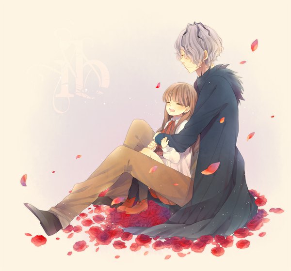 Anime picture 1000x934 with ib (game) garry (ib) ib (ib) long hair blush short hair open mouth simple background brown hair white background sitting eyes closed grey hair couple girl boy flower (flowers) shirt petals rose (roses)