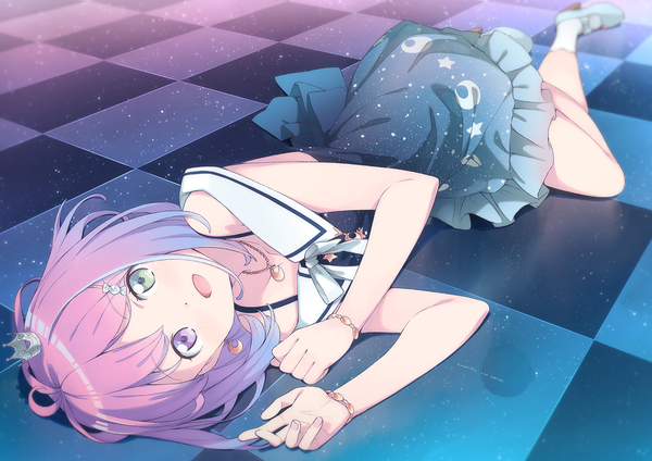 Anime picture 1280x905 with virtual youtuber hololive himemori luna himemori luna (3rd costume) kanzaki hiro single looking at viewer short hair open mouth purple hair ahoge lying :d heterochromia official alternate costume on side checkered floor floor girl earrings