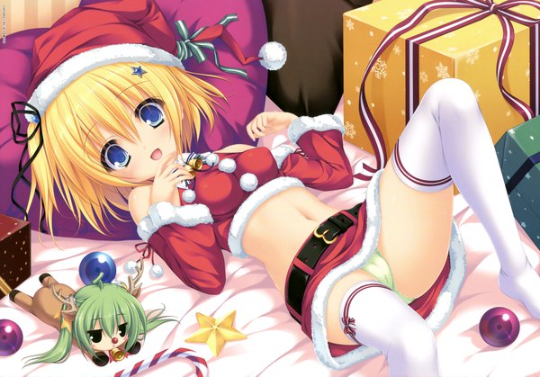 Anime picture 3800x2657 with melonbooks mikagami mamizu blush fringe highres short hair open mouth blue eyes light erotic blonde hair hair between eyes absurdres bent knee (knees) scan official art fur trim one side up christmas snowflake print girl